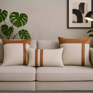 Kit 3 Capa Para Almofada Linho Com Couro Sofisticado Tendência Decoração Para Sofá Cama Com Baguete